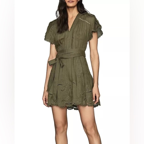 Reiss Gemina Casual Embroidered Boho Earthy Mini-Dress Dark Olive Green Size 0 - Picture 1 of 16